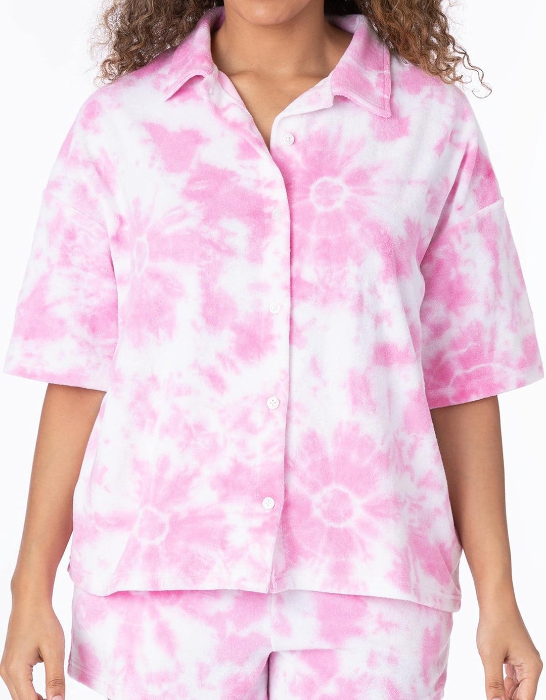 Barbie Damen 3 Stück Torubing Co-Ord Beach Cover Up | Rosa Batikfarbe Handtuch T-Shirt Shorts Haargu