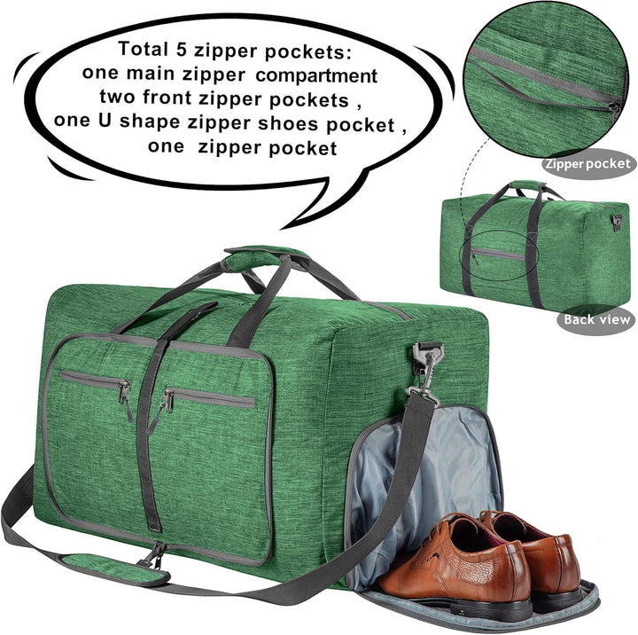 Vomgomfom 85L Reisetasche mit Schuhfach, Grosse Falttasche für Camping, Reisen, Fitness, Dunkelgrün