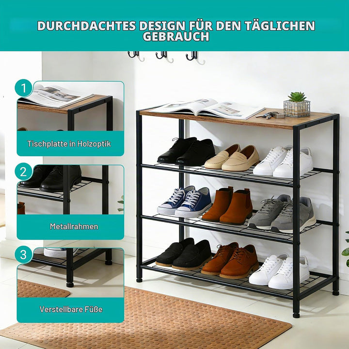Schuhregal, Schuhregal 4 Ebenen mit Sitzgelegenheit, Metall-Schuhablage für Kleiderschrank, Flur, Ei