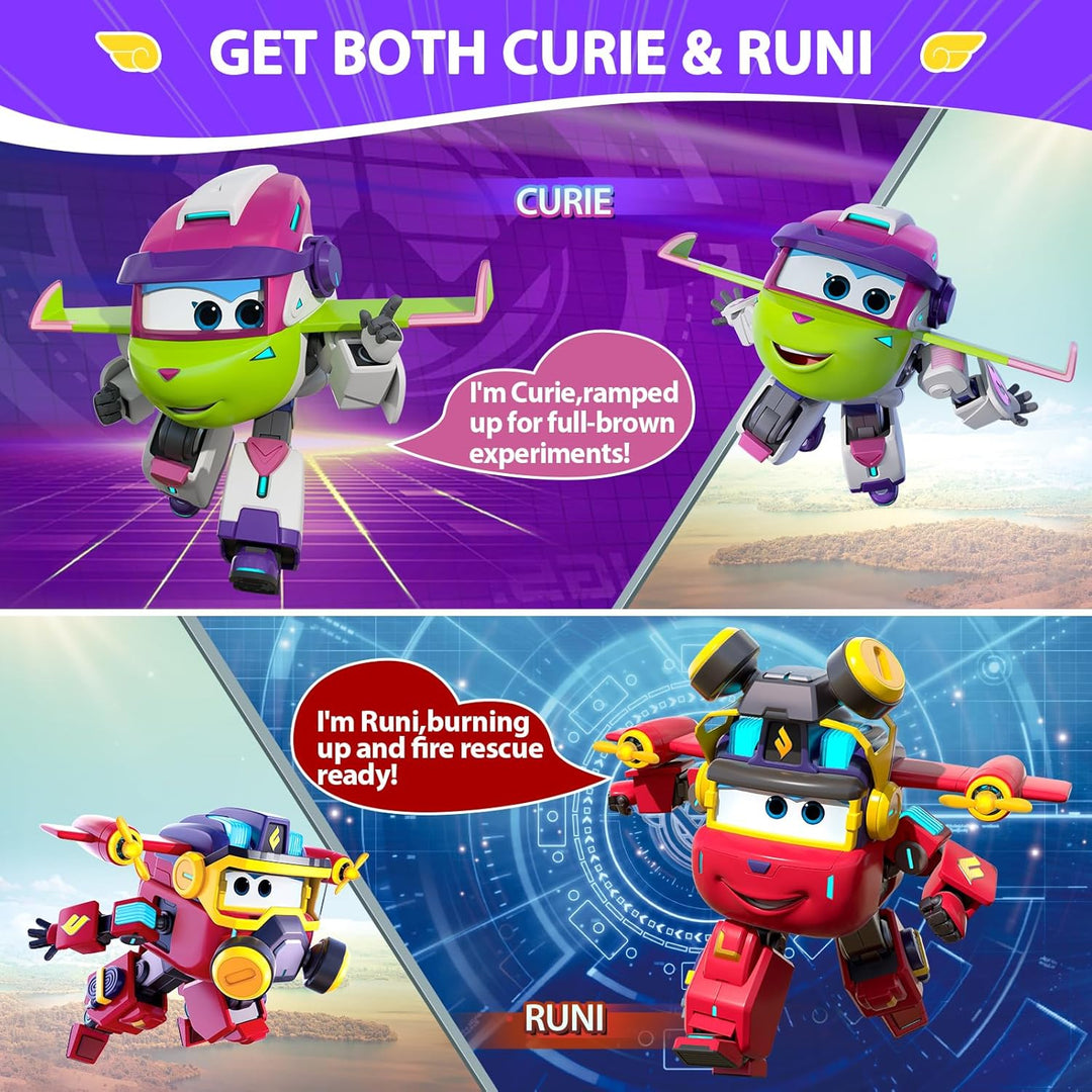 Super Wings Verwandelbares Spielzeug 2PCS Curie & Runi, 2-in-1-Actionfiguren, Roboter-Spielzeug für