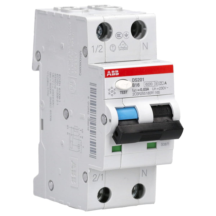 ABB DS201A-B16 DS201A-B16/0,03 FI/LS-Schalter 6kA, 1P+N, Typ A, B 16, 30mA, grau, 2 TE Single, Singl