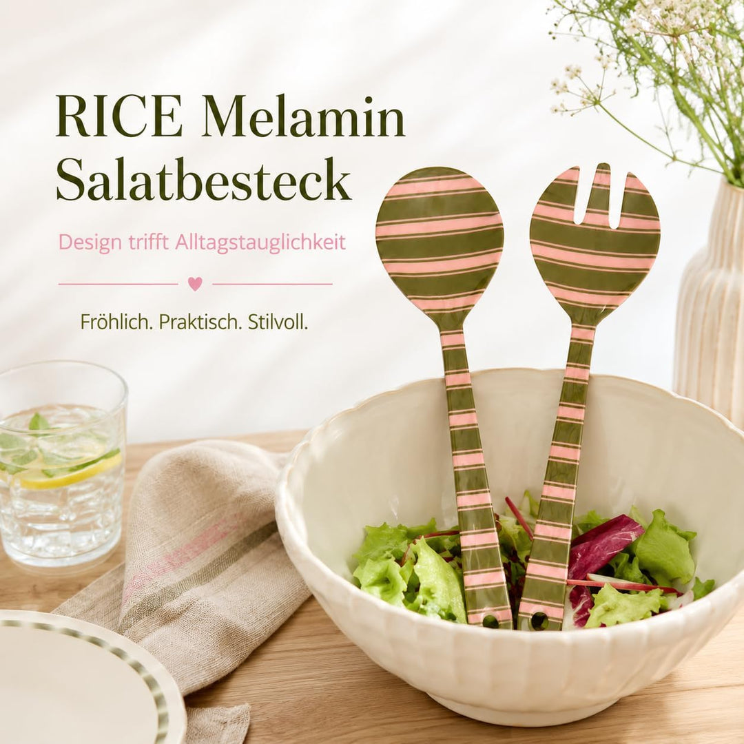 RICE Salatbesteck Melamin 2-teilig, 29 cm, grün rosa Streifen | Salatlöffel &amp; Salatgabel, BPA-frei,