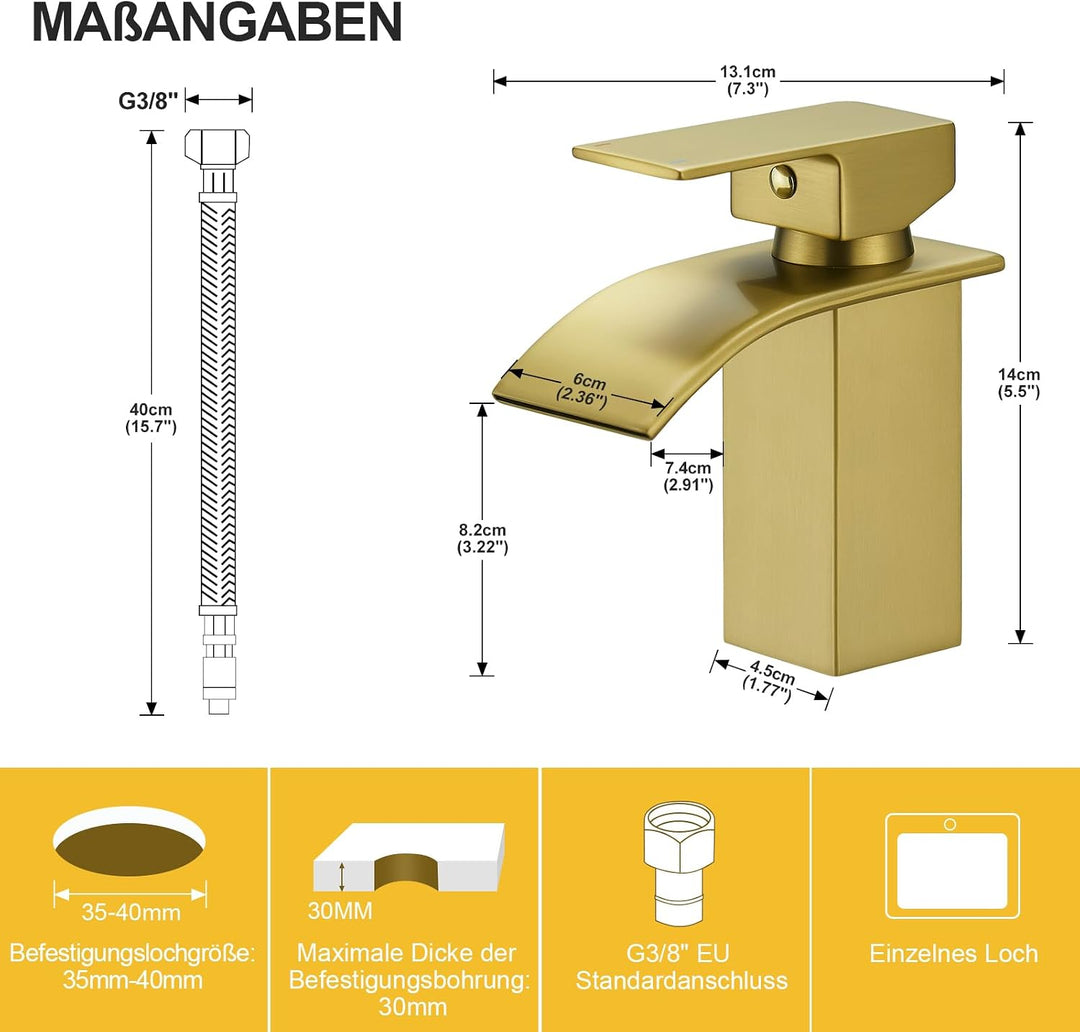 BESy Wasserfall Auslauf Badezimmer Waschtischarmatur, Einhebel-Waschtischmischbatterie, RV Waschbeck