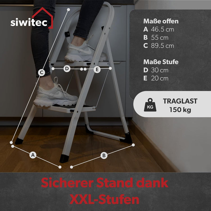 siwitec Klapptritt aus Stahl mit 2 Stufen, anthrazit, kleine Leiter mit Anti-Rutschmatten, 150 kg Tr