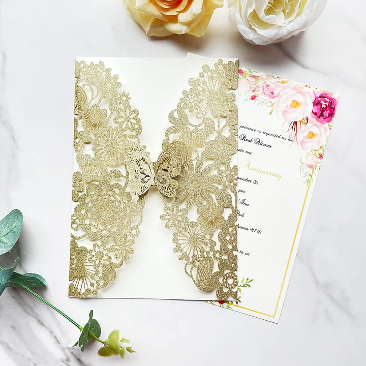 Hosmsua 20 x Blanko-Champagner-Gold-Glitzer-Hochzeitseinladungskarten mit Schmetterlingsspitze, Flor