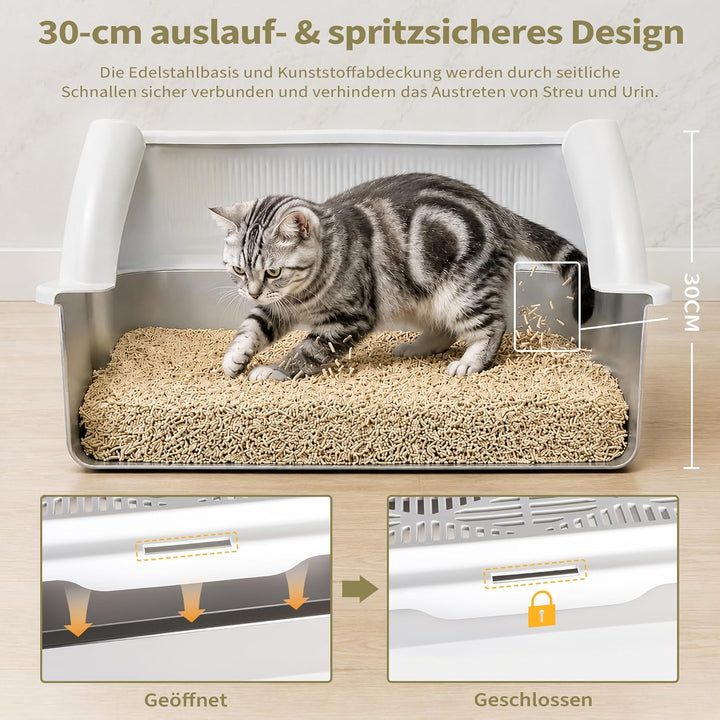 Katzenklo Edelstahl XXXL mit DIY-Aufkleber, 20L Katzentoilette Edelstahl mit Deckel, Grosse Kapazitä