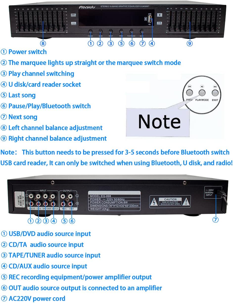 Toplionace 220V HIFI Digital HD Stereo Equalizer, EQ898 Vorverstärker Equalizer Eingebauter USB Blue