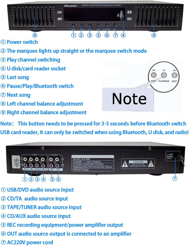 Toplionace 220V HIFI Digital HD Stereo Equalizer, EQ898 Vorverstärker Equalizer Eingebauter USB Blue