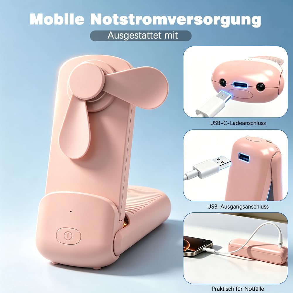 HOAMZ Mini Handventilator, 3-in-1 Handventilator, 3 Geschwindigkeiten wiederaufladbarer USB Faltbare