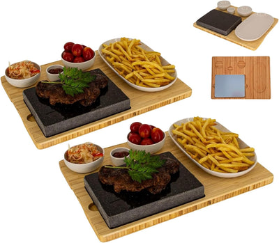 Lavastein Steakbrett 2 Sets, Servierplatte, Bambusbrett mit Hot Stone Grill, Steak Grillplatte, Stei