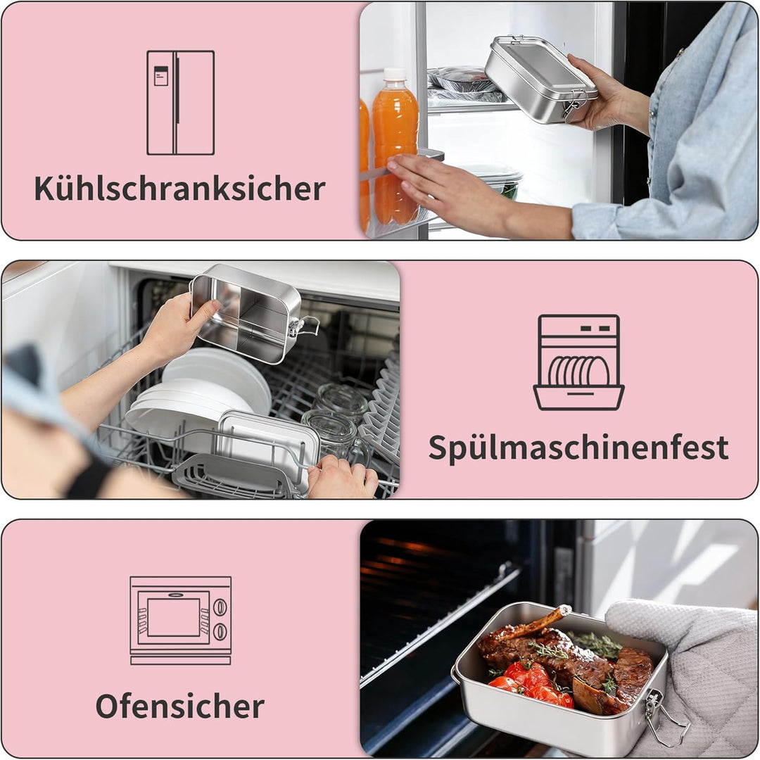 Onader Edelstahl Brotdose mit Fächern, 1400ml Bento Box Lunchbox mit Abnehmbar Trennwand, Metall Lun