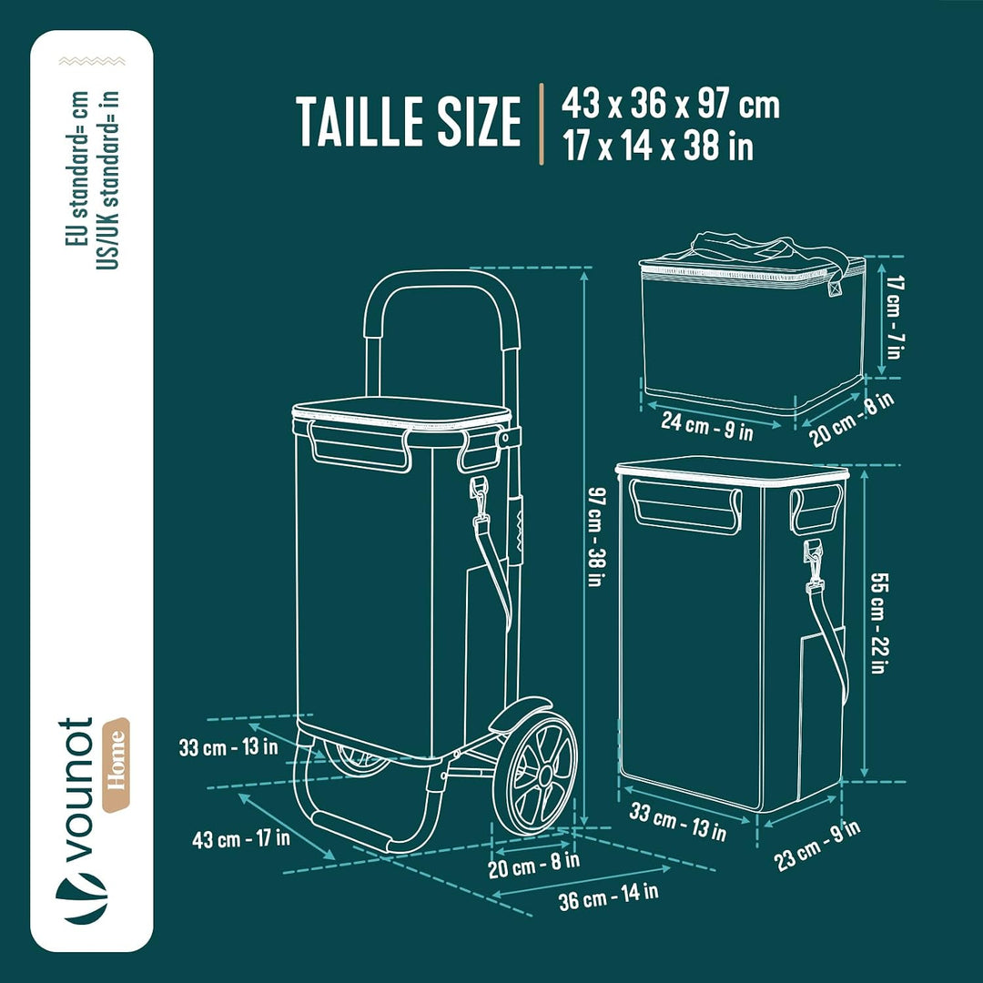 VOUNOT Einkaufstrolley Klappbar aus Aluminium mit 50L Wasserdichter Tasche und Kühlfach, 2 Extra gro