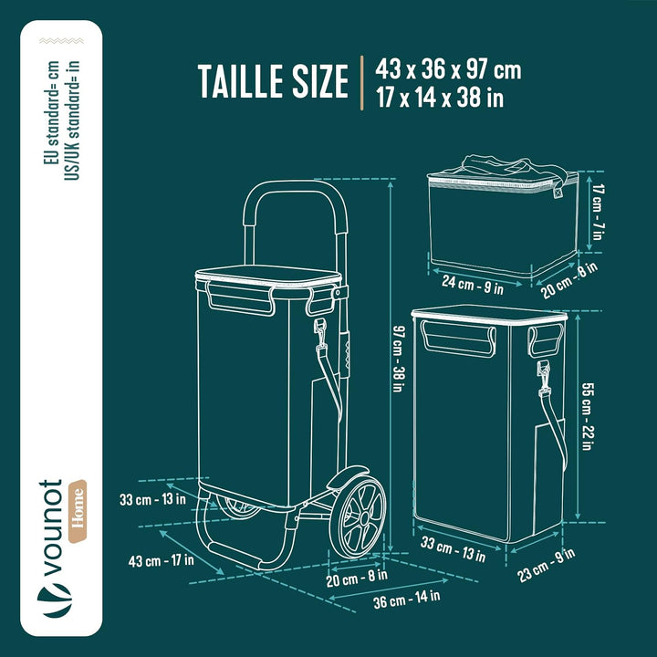 VOUNOT Einkaufstrolley Klappbar aus Aluminium mit 50L Wasserdichter Tasche und Kühlfach, 2 Extra gro