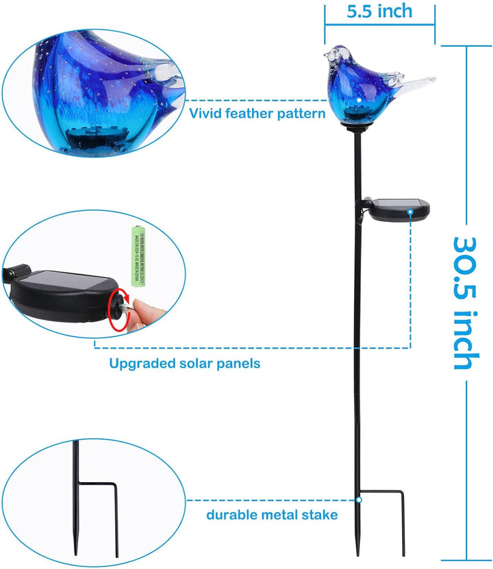 Afirst Solar Bluebird Gartenstecker – mundgeblasenes Glas Dekorative Garten Wegeleuchten Outdoor Was
