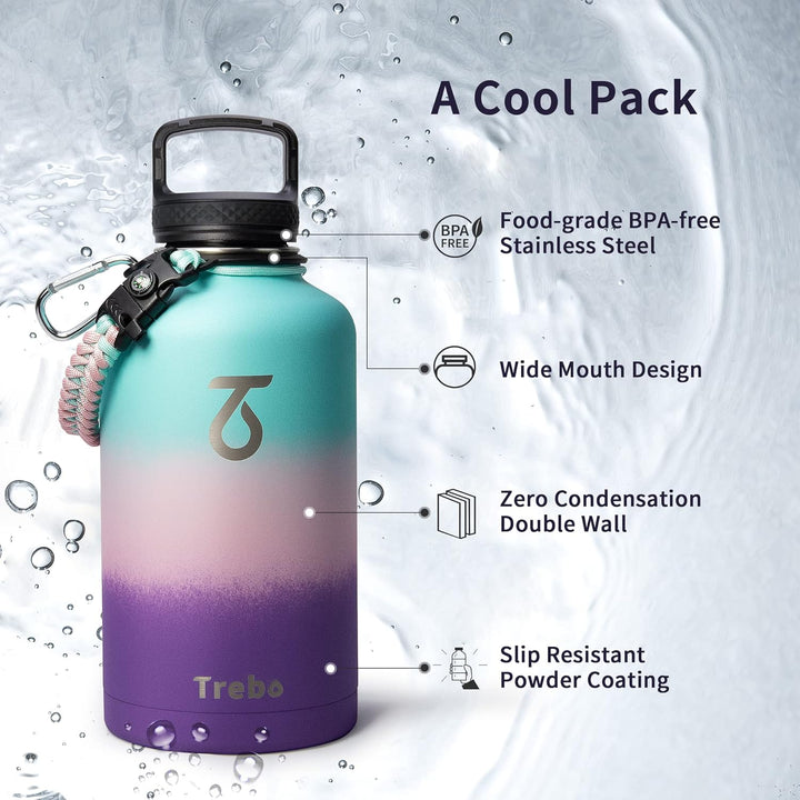 Trebo Wasserflasche 1.8 l mit Paracord-Griff, halbe Gallone, lebensmittelechter, doppelwandiger Vaku