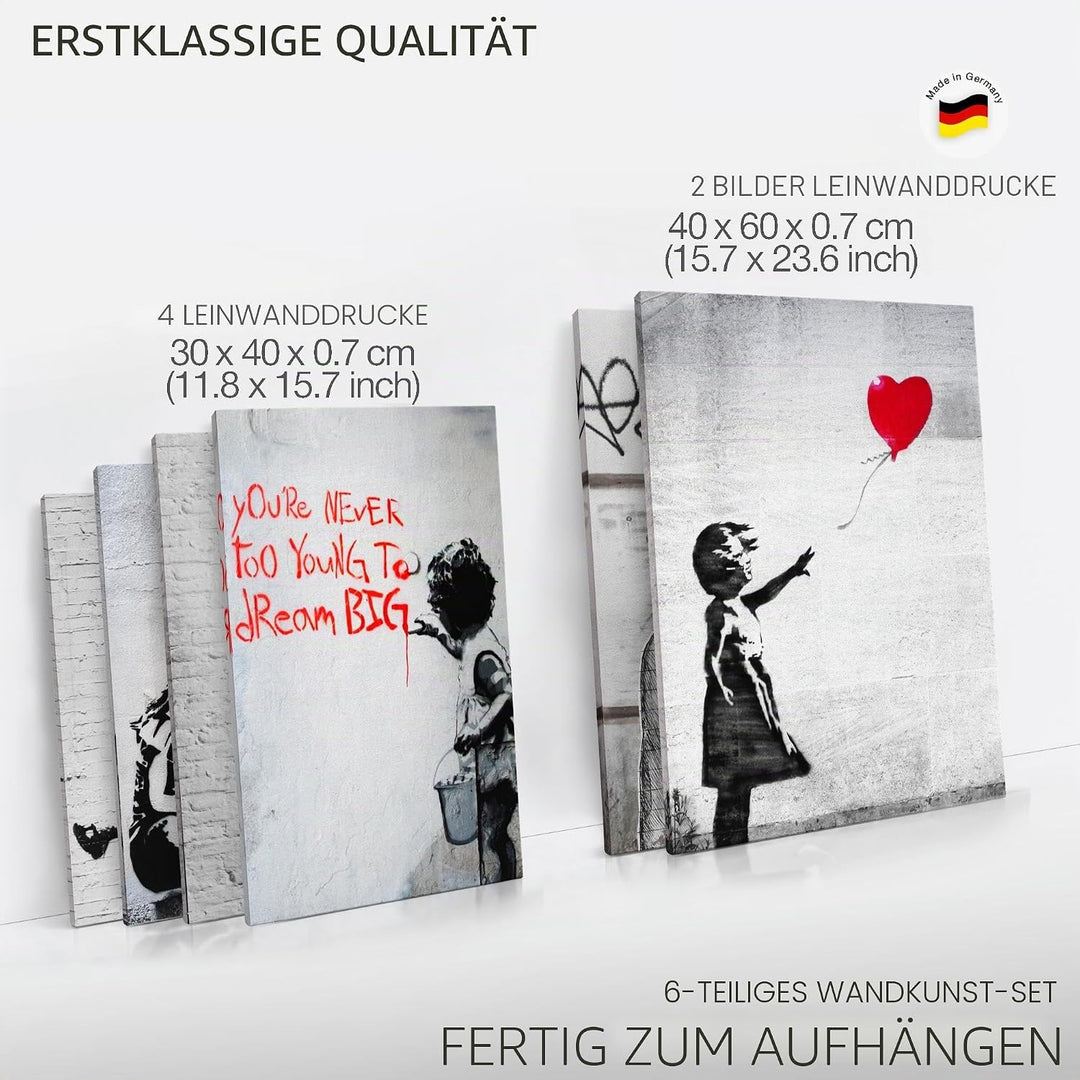 Novart Wandbilder Banksy Collage - KOMPLETT AUFHÄNGFERTIG - Street Art Wohnzimmer Büro - 6 Moderne M