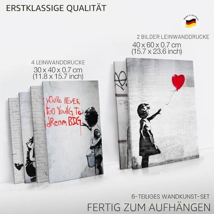 Novart Wandbilder Banksy Collage - KOMPLETT AUFHÄNGFERTIG - Street Art Wohnzimmer Büro - 6 Moderne M
