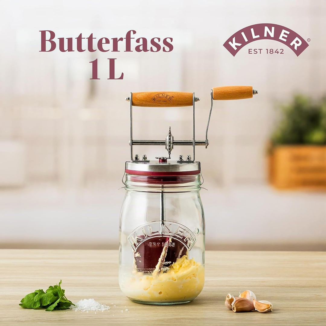 Kilner Butterfass Glas mit Handkurbel, manuelle Handkurbel und Silikonmixer, 1L, Öffnung: 7,2 cm, 16
