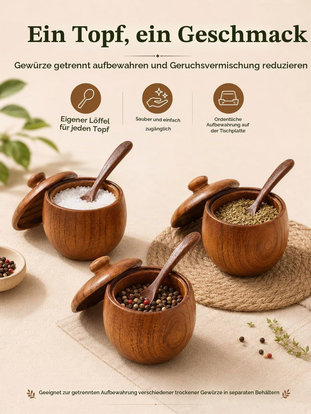 Salzdose aus Holz, Salzkeller mit Deckel und Löffel, Vielseitige Massivholz Gewürzgläser, zur Aufbew