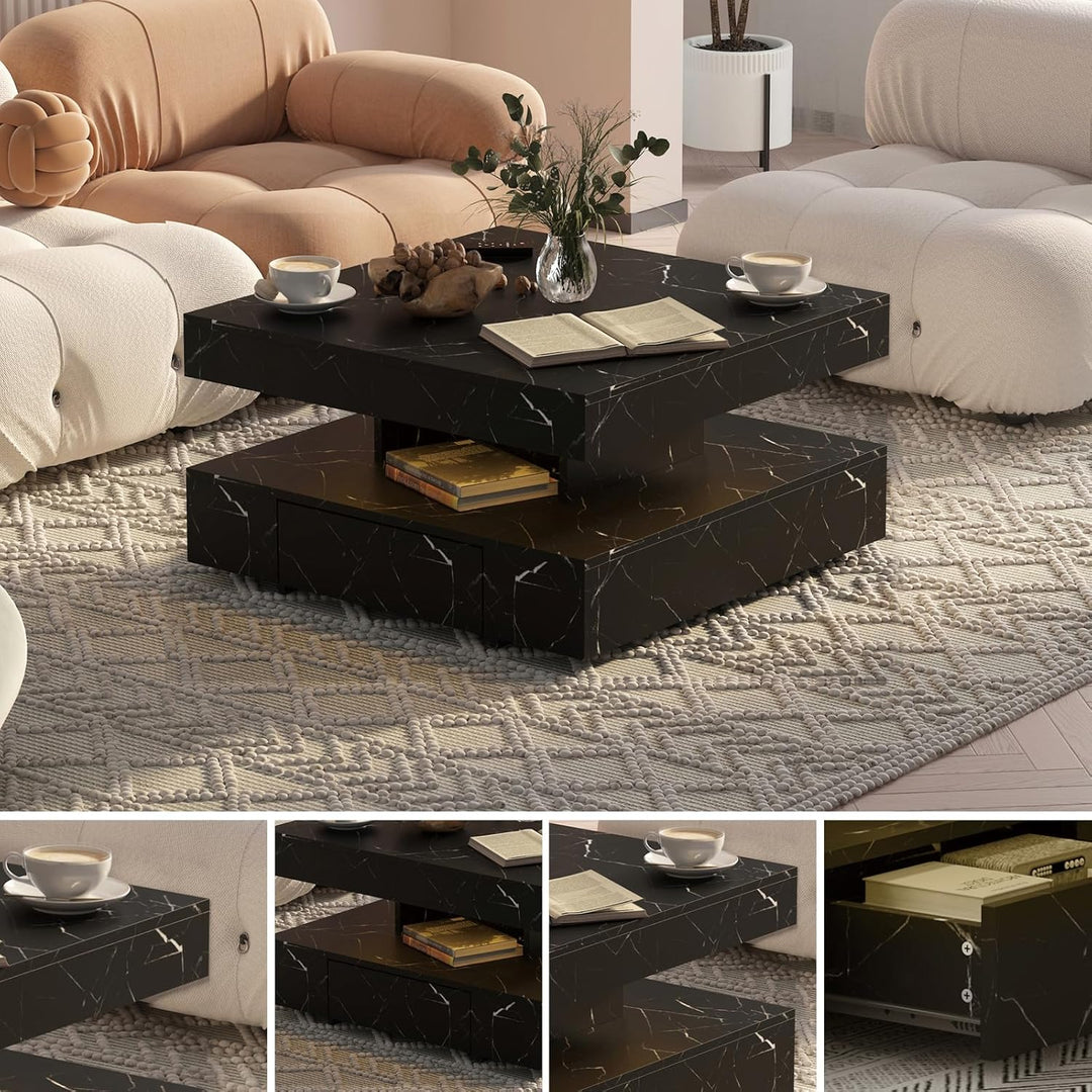 KEEPREAPER Couchtisch LED, Wohnzimmertisch mit 2 Schubladen für Wohnzimmer 78 x 78 x 40cm (Schwarz M