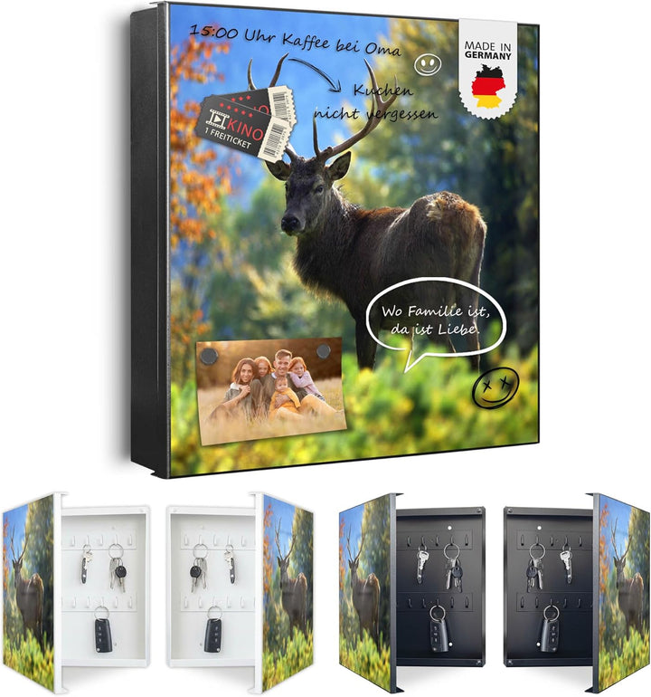 banjado® Grosser Schlüsselkasten Glas/Schlüsselbox 30cm x 30cm mit 50 Haken - Motiv Hirsch/Schlüssel
