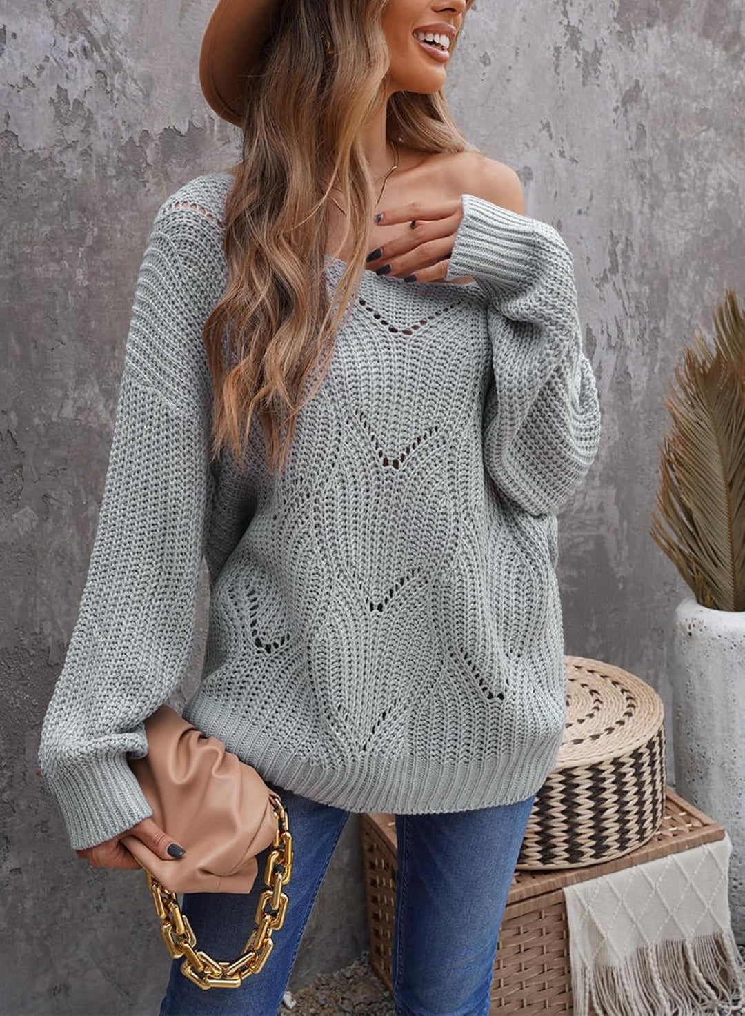 Dokotoo Damen Strickpullover Elegant Rundhals Pullover Herbst Winter Einfarbiger Pulli Oberteil Swea