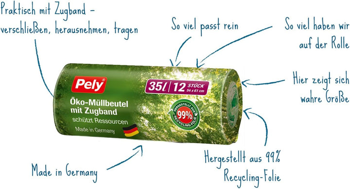 Pely Öko-Müllbeutel mit Zugband 35 Liter Vorteilspack 11 x 12 Stück, aus 99% Recycling Material, für