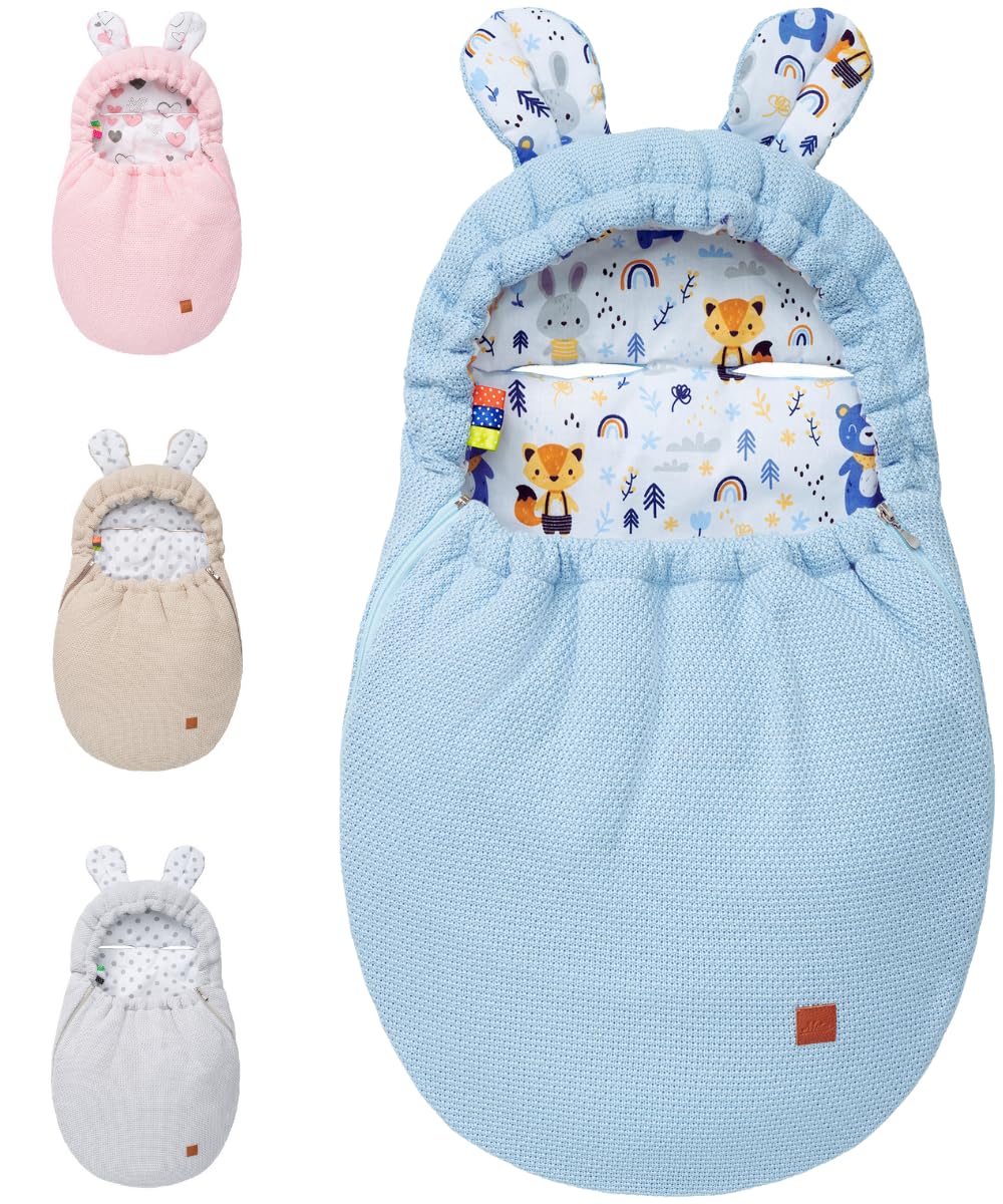 Mikos Einschlagdecke Babyschale Herbst Winter, Baby Fusssack mit Zip 100% Baumwolle GOTS Zert. Stric