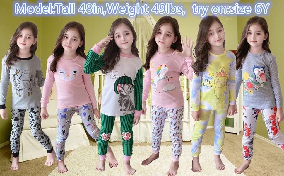Mädchen Pyjamas 100% Baumwolle Schlafanzug für Kinder Schlafkleidung Langarm 4 Stück Set 1-12 Jahre