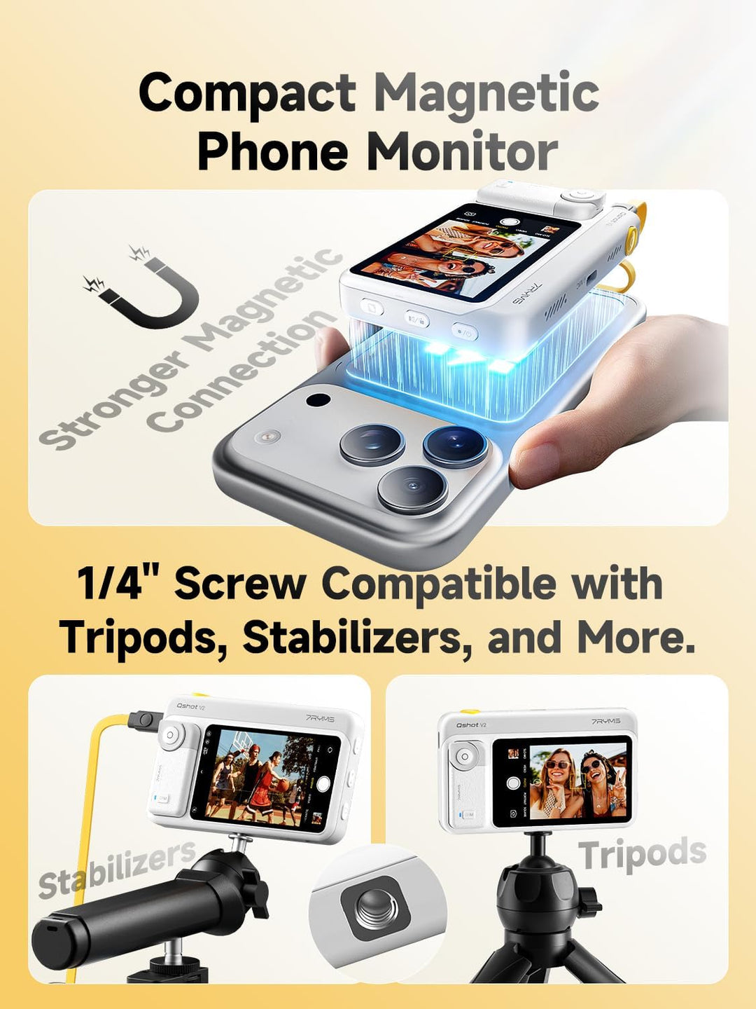 7RYMS Qshot V2 Selfie-Monitor-Bildschirm für iPhone & Android,4K 60fps magnetischer Rückkamera-Monit