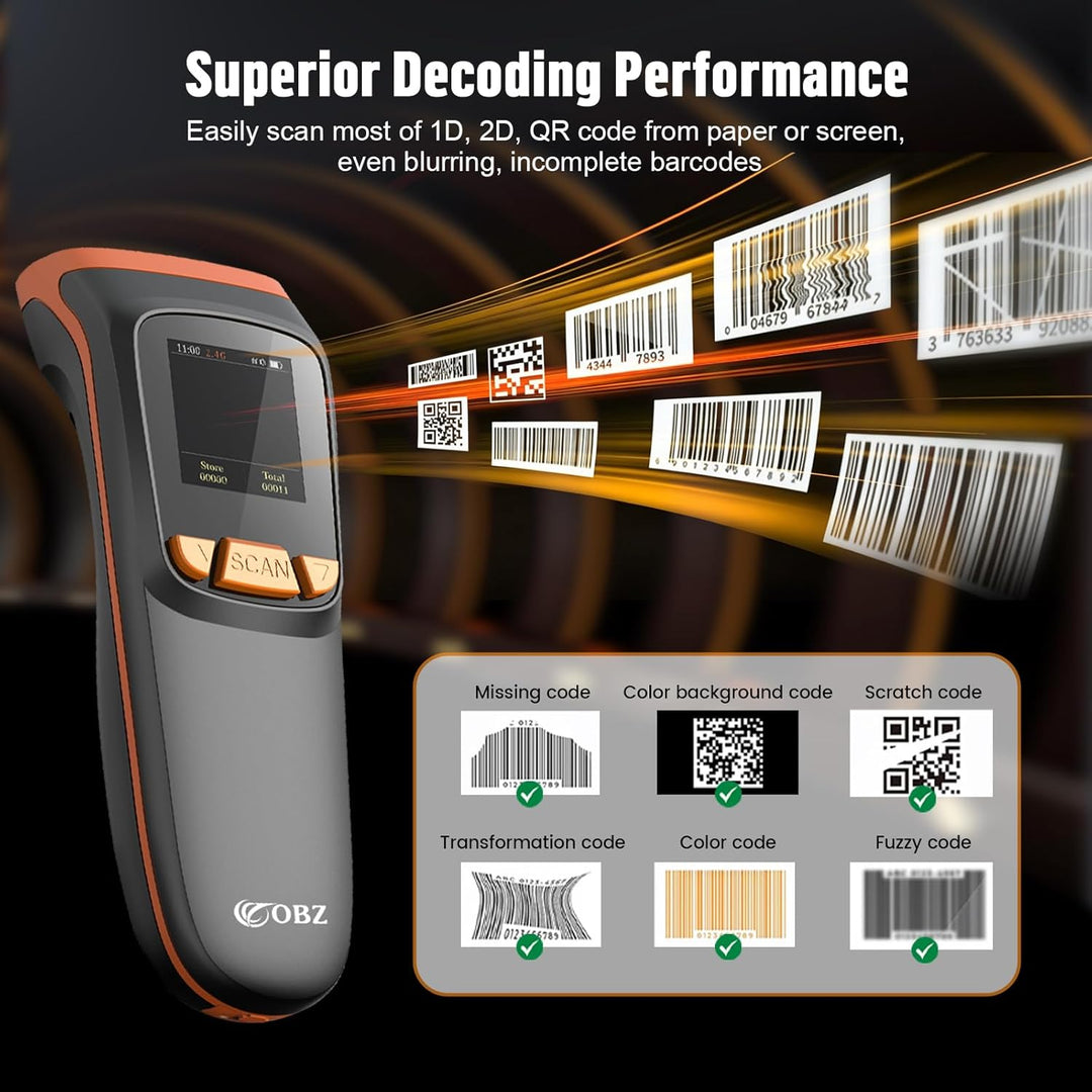 OBZ Barcode Scanner Kabellos mit Display, 1D 2D QR Code Scanner Bluetooth/USB/2.4G Wireless, Tragbar