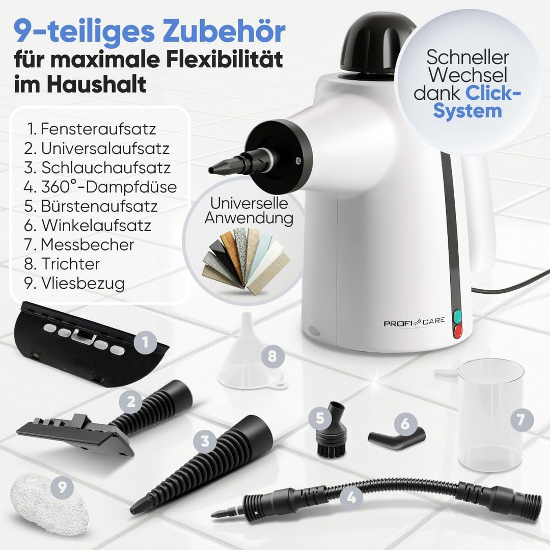 ProfiCare® Dampfreiniger Handgerät | 3,7 bar | säubert entfettet desinfiziert | 105°C | Auto, Küche,