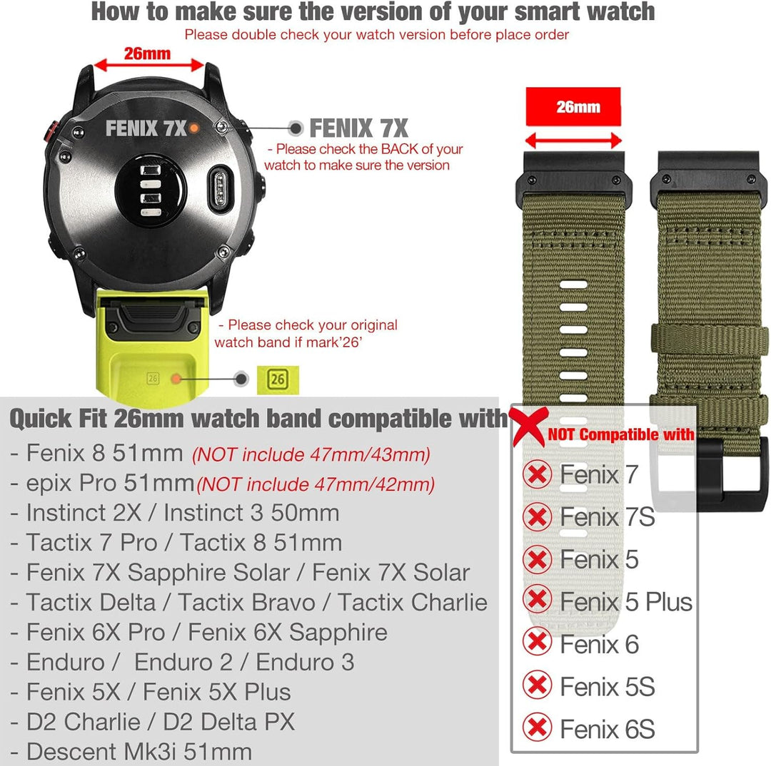 Verbessert QuickFit 26mm Nylon Armband für Garmin Fenix 7X / Fenix 6X / Fenix 5X / Enduro, Schleife