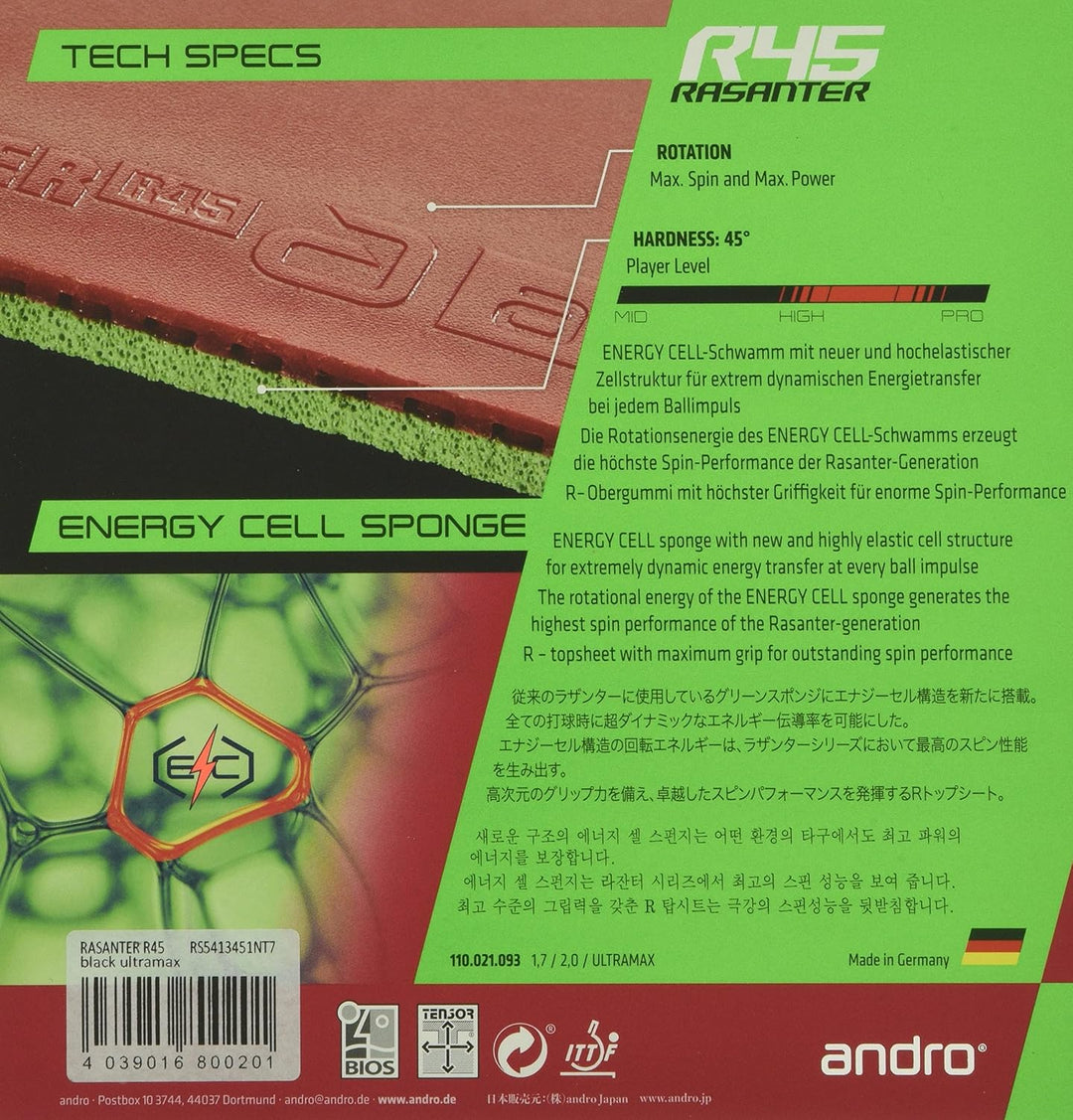 ANDRO Belag Rasanter R 45 Schwarz 1,7 mm, Schwarz 1,7 mm