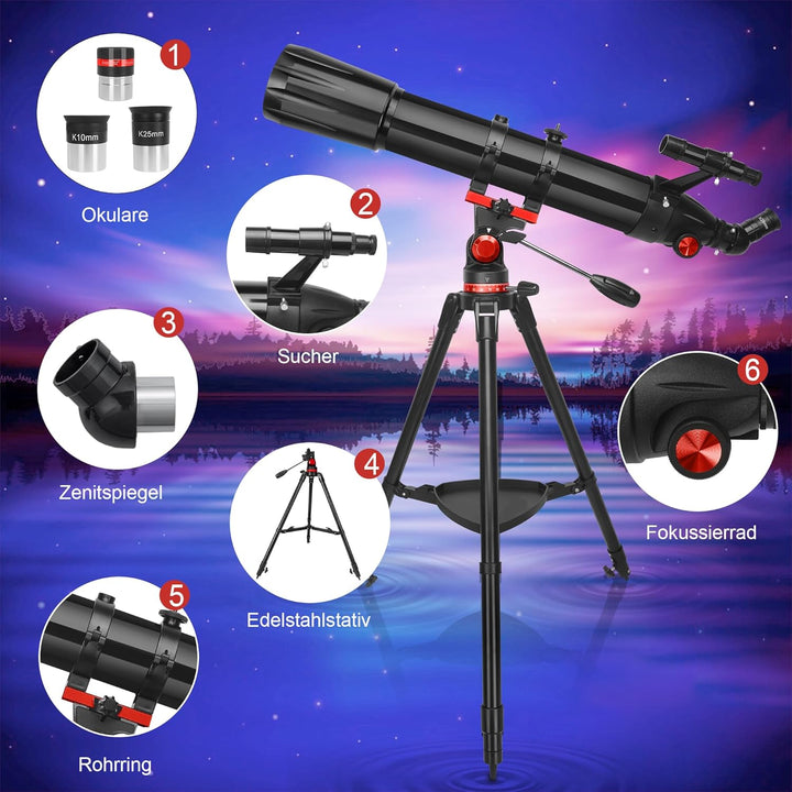 HETEKAN Teleskop, Teleskop Astronomie für Erwachsene, 90 mm Öffnung 900 mm, Profi Refraktor Teleskop