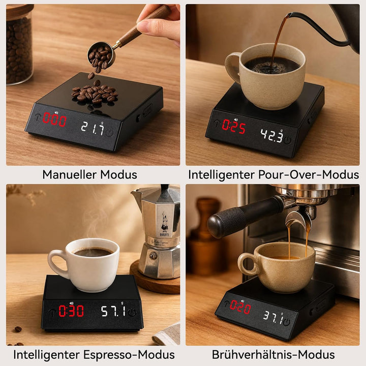 Kaffeewaage mit Timer, Wiederaufladbare Espressowaage 2kg/0,1g Präzision, Mini Kaffeewaage mit 45° G