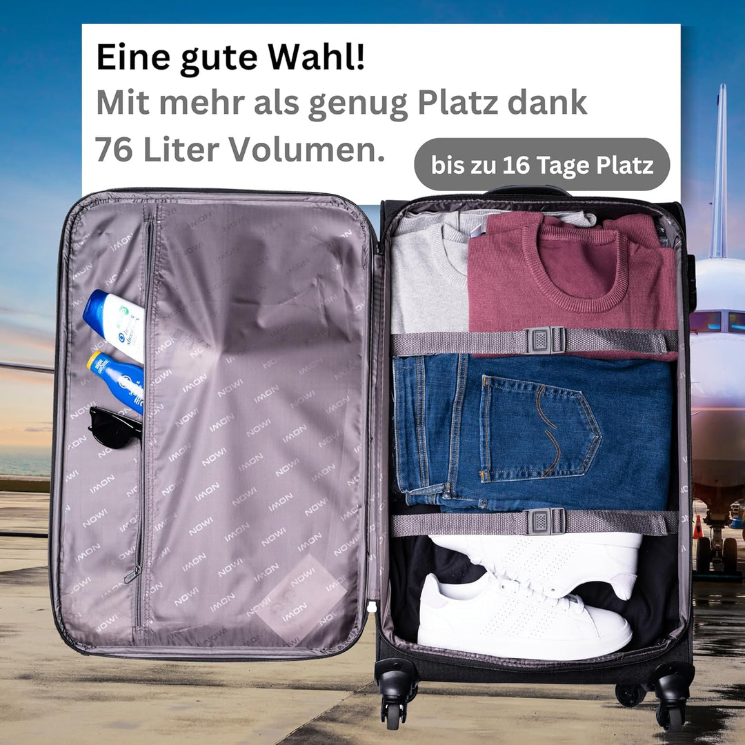 NOWI Sevilla Weichschalen Trolley XL – Grosser Stoff Koffer 76L mit 4 Rollen &amp; Zahlenschloss | XXL R