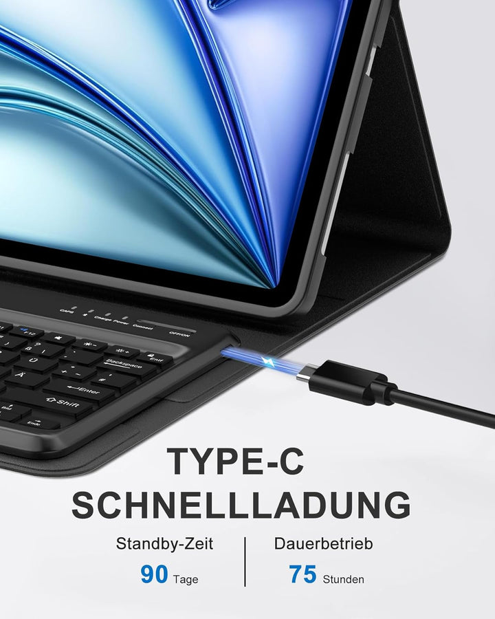 Hülle mit Tastatur für iPad Air 13" (2026 M4/2025 M3/2024 M2) & Pro 12.9" (2018-2022), Deutsches QWE