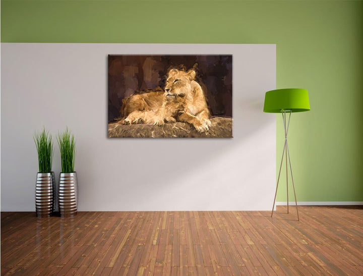 Pixxprint Löwe kuschelt mit seinem Löwenjungen Kunst Pinsel Effekt, Format: 100x70 auf Leinwand, XXL