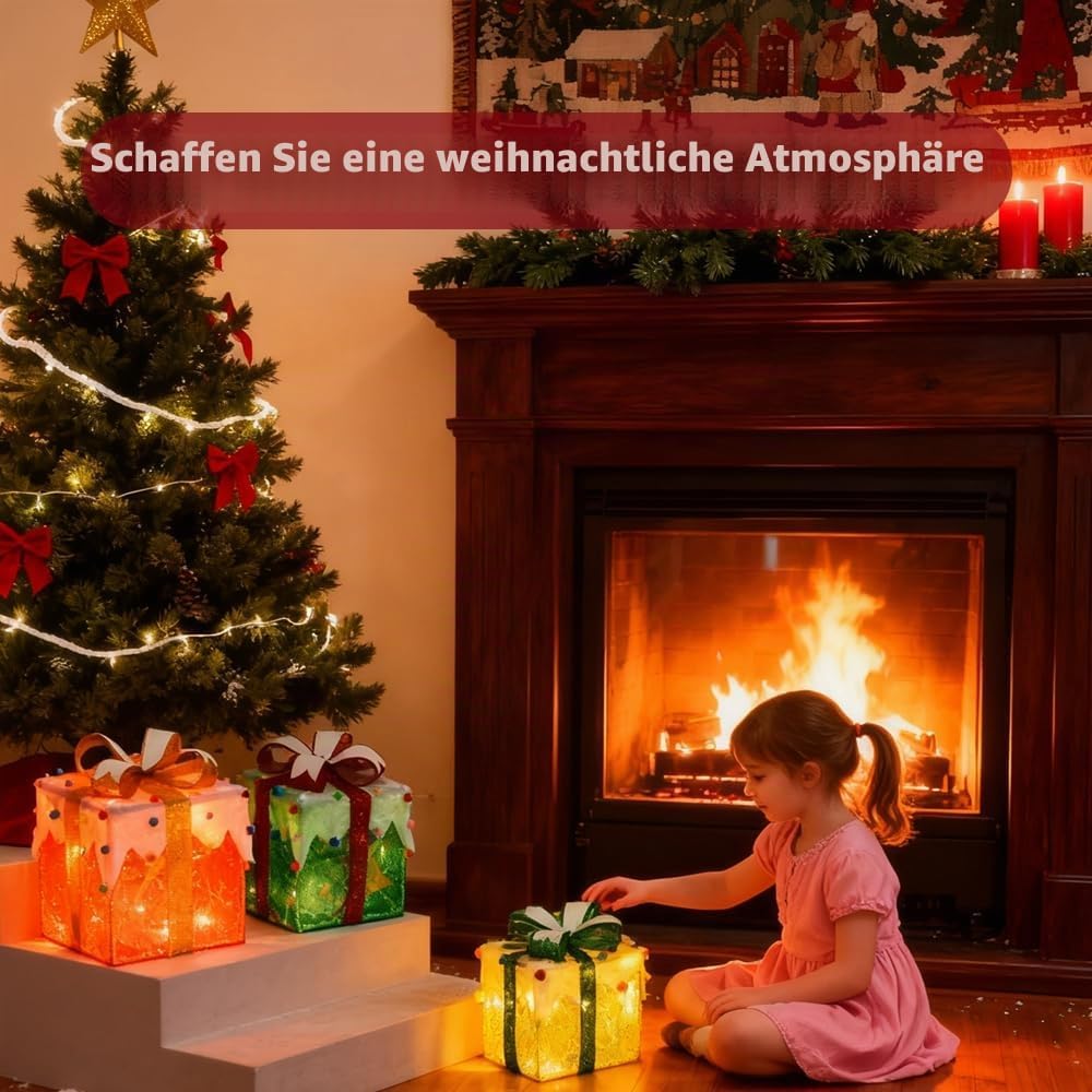 Led Geschenkbox Weihnachten mit Timer 3er Set, Led Deko Geschenke Leucht Boxen, Weihnachtsdeko Leuch