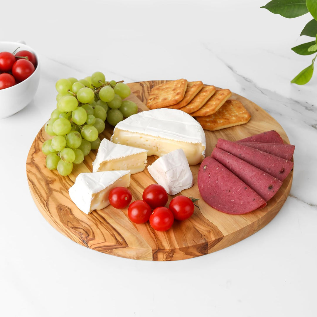 Handgefertigtes rundes Paddelbrett aus Olivenholz – gestreiftes Servierbrett für Käse, Brot und Vors