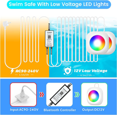 LyLmLe Poolbeleuchtung LED 40W Doppel-Licht mit 6,5m Kabel für Jedes Licht, APP-Steuerung 12V Unterw