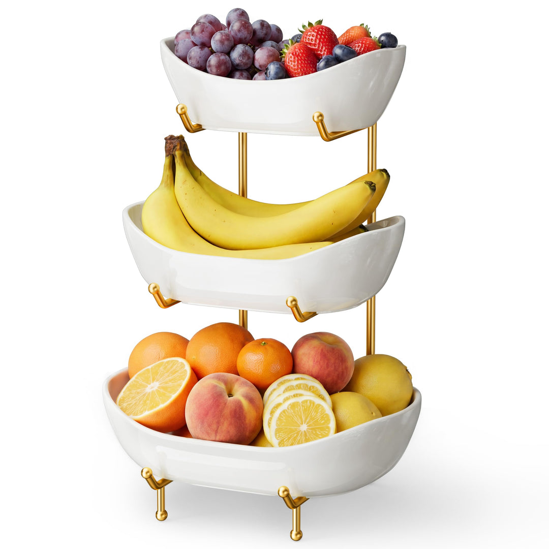 Josmimic Obst Etagere aus Keramik, 3-stufiger Obstkorb mit Metallständer in Gold, Mehrstöckige Obsts