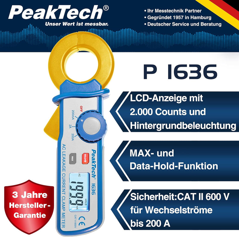 PeakTech 1636 – Leckstromzange mit Auflösung bis 100 µA, 2000 Counts, Data-Hold, Kriechstromzange, W