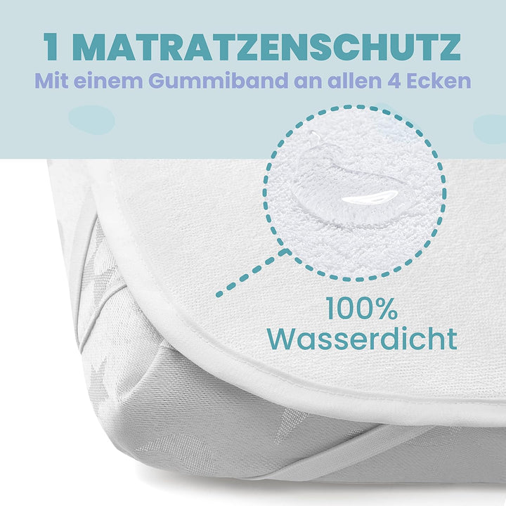 2X Spannbettlaken aus 100% Baumwolle mit Gummiband - 1X Matratzenschoner aus 100% wasserdichtem Mate