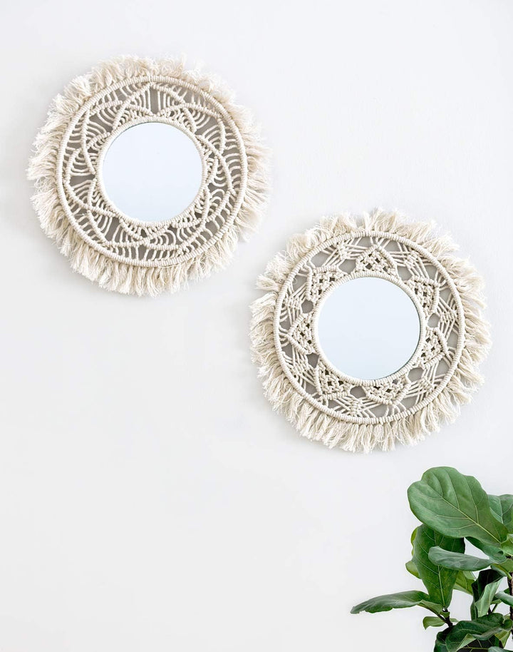 Mkouo 2er Set Hängender Wandspiegel mit Makramee-Rund Decorative Spiegel Wanddeko Klein Boho Style f
