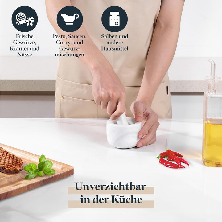 Gourmeo Mörser mit Stössel Set aus Marmor - 8,5 x 8,5 x H6cm - 200ml Mörser mit Stössel klein - Mort