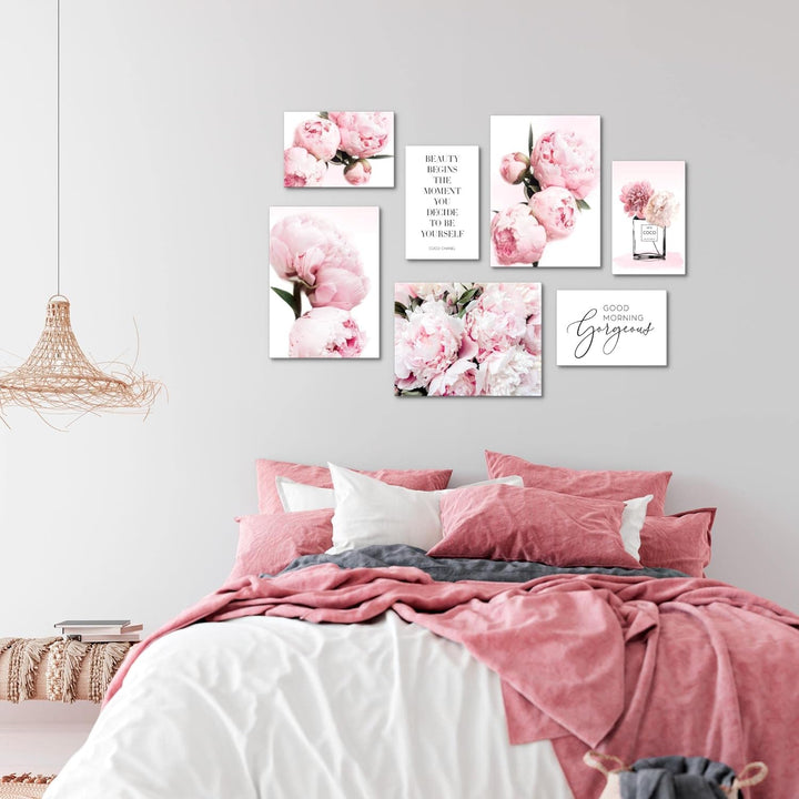 Novart Wandbilder Fashion Blumen - KOMPLETT AUFHÄNGFERTIG - Rosa Wohnzimmer Mädchen Teenager- 7 Mode
