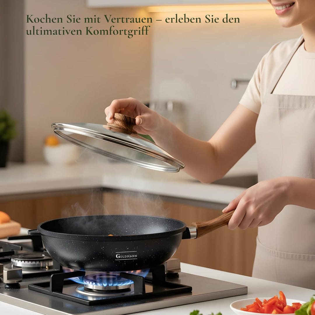 Goldmann Tiefe Bratpfanne 24 cm mit Glasdeckel – Aluminiumguss-Pfanne mit Keramik-Marmor Antihaftbes