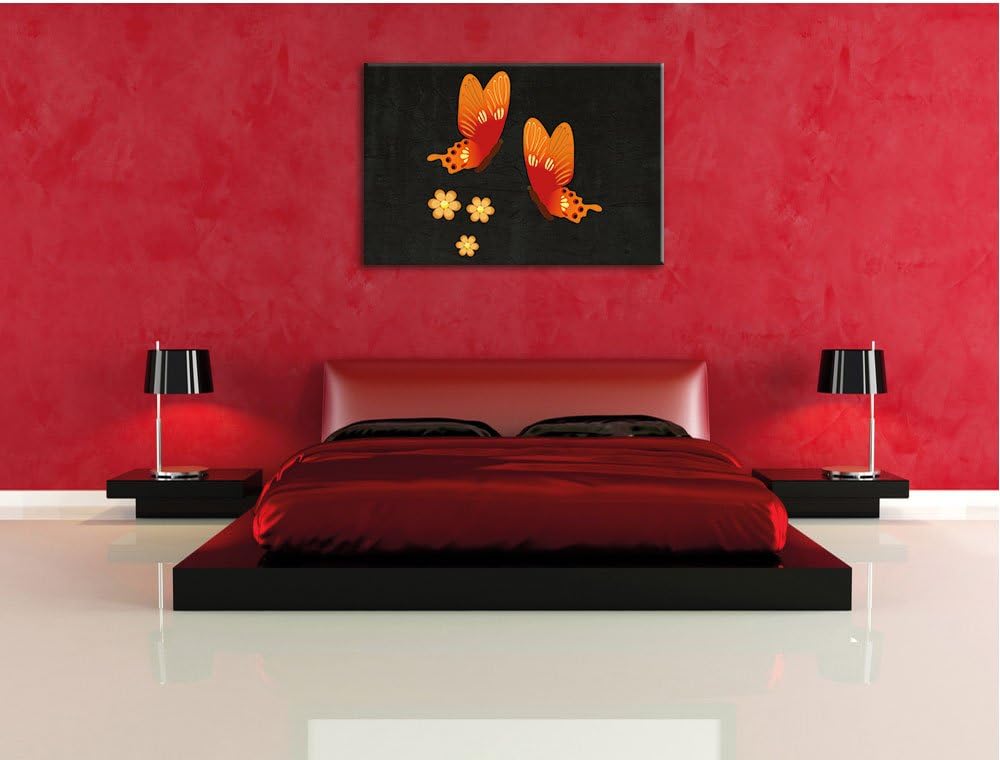Pixxprint prachtvolle Schmetterlinge mit Blumen schwarz, Format: 100x70 auf Leinwand, XXL riesige Bi